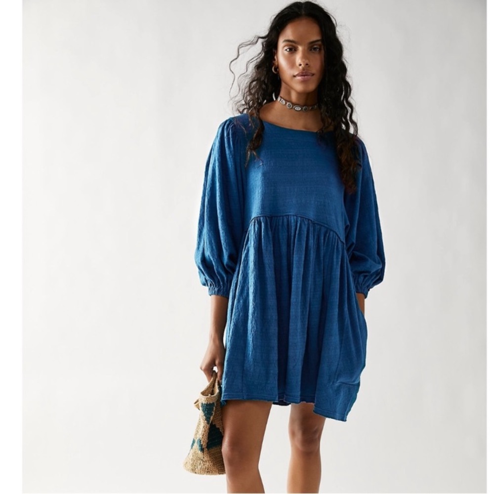 FP Free People Dress Get Obsessed Babydoll Beach Navy Blue Large Cotton